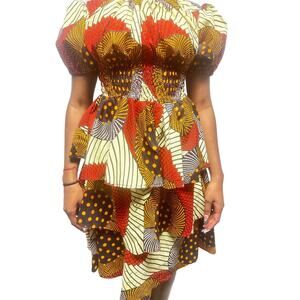 Red multi colored african print dress with open shoulders and puff sleeves